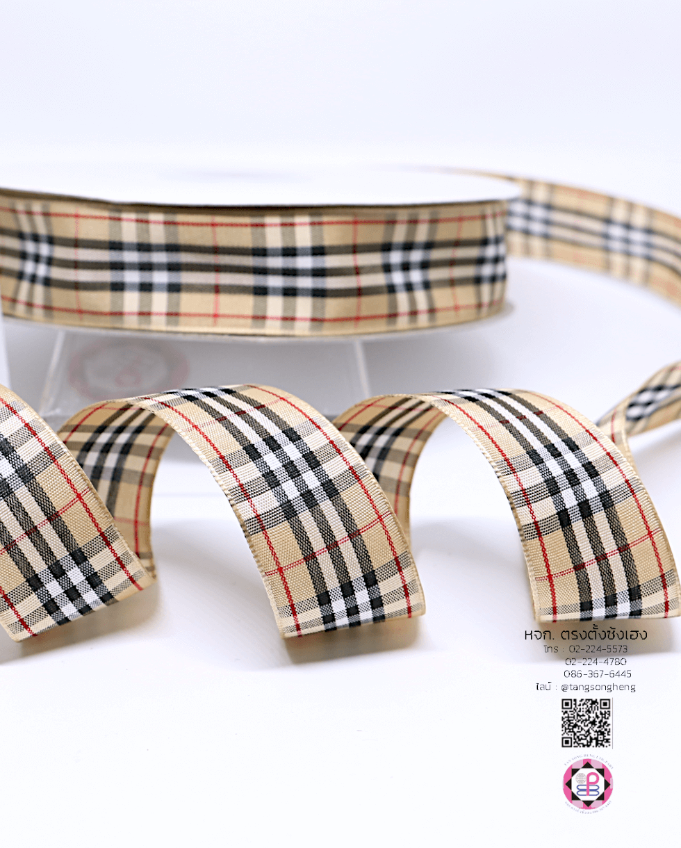 ริบบิ้นผ้าลายสก็อต กว้าง 1 นิ้ว ยาว 50 หลา สีครีม ขาว ดำ E1-39