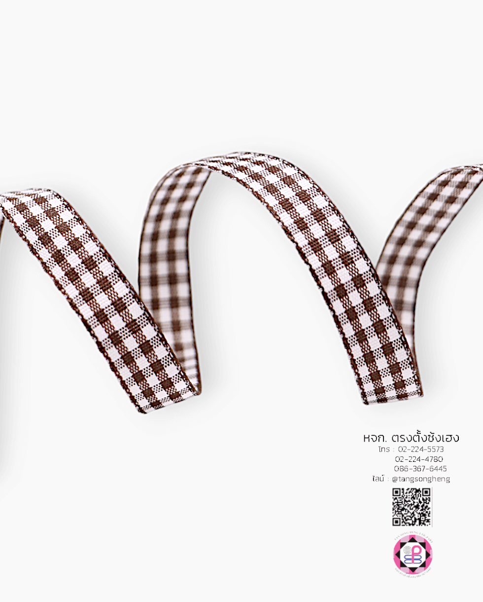 ริบบิ้นผ้าลายสก็อต กว้าง 10 มิล ยาว 50 หลา สีน้ำตาลพื้นขาว (ลายตารางหมากรุก) E1-7