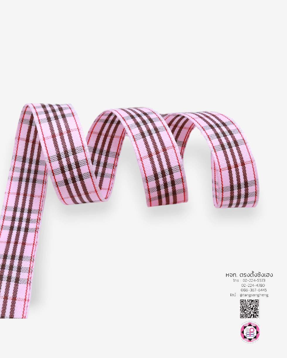 ริบบิ้นผ้าลายสก็อต กว้าง 15 มิล ยาว 50 หลา สีชมพู E5-19