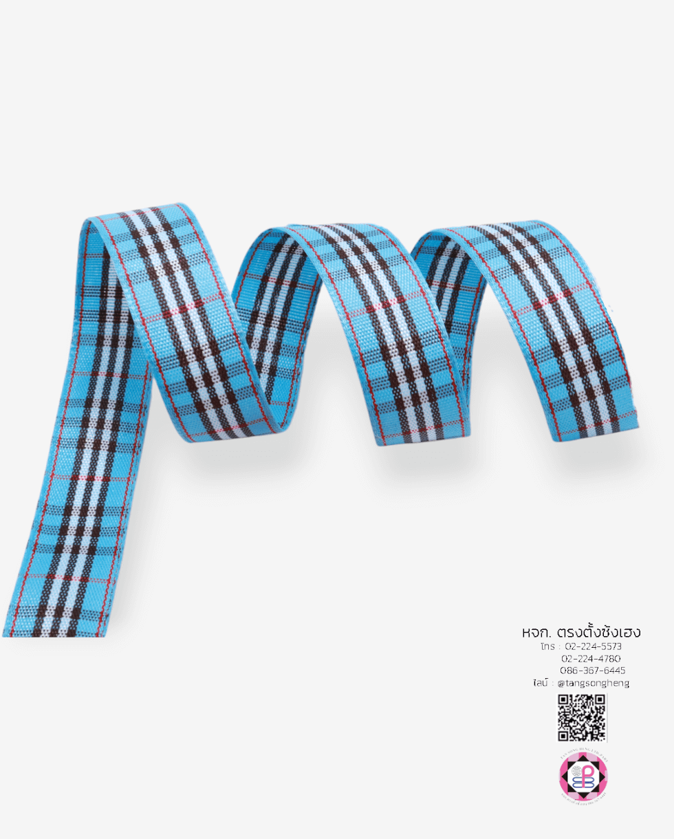 ริบบิ้นผ้าลายสก็อต กว้าง 15 มิล ยาว 50 หลา สีฟ้า E5-17