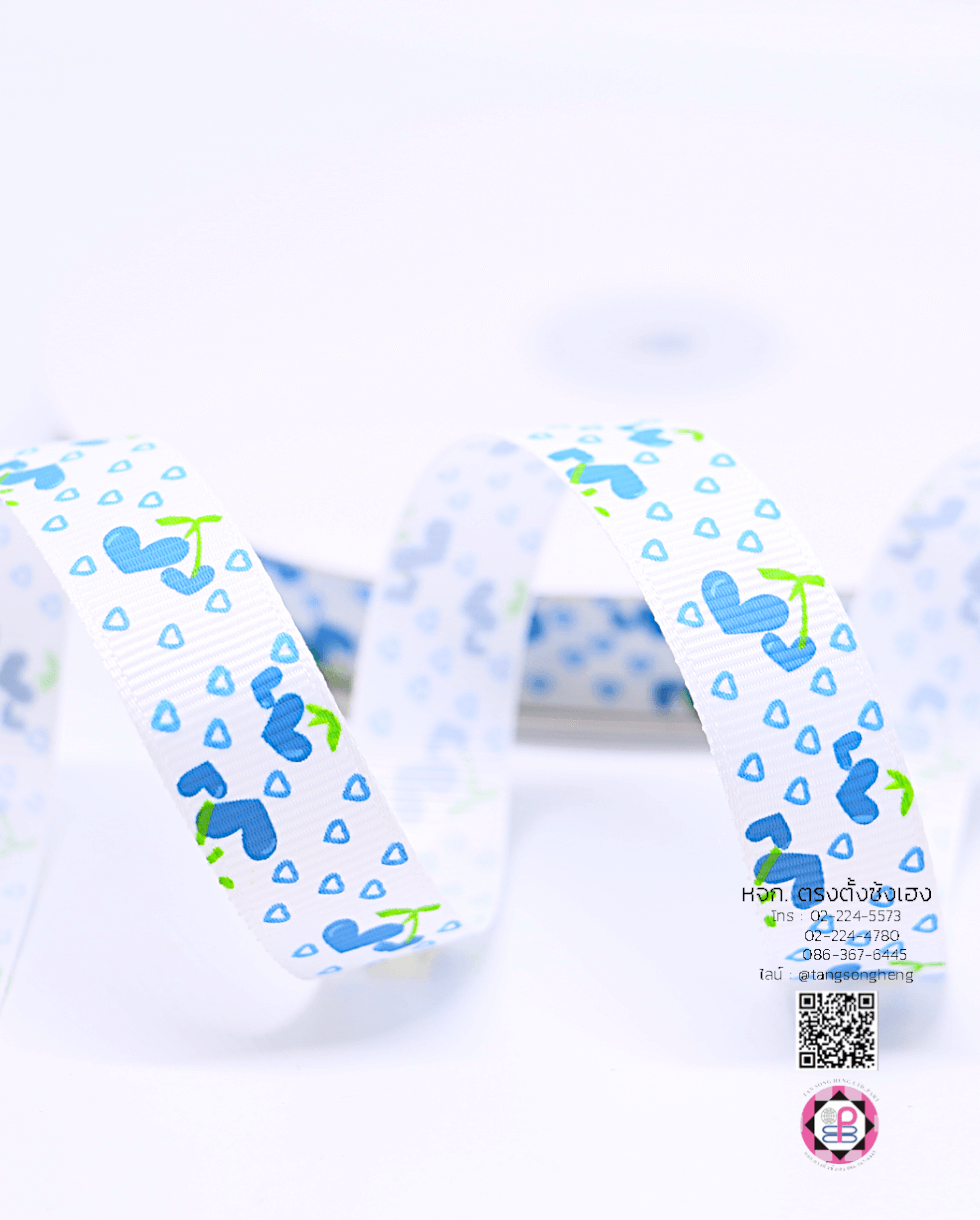 ริบบิ้นผ้ากรอสเกรน กว้าง 15 มิล ยาว 50 หลา ลายHeart Cherry สีฟ้าเข้ม