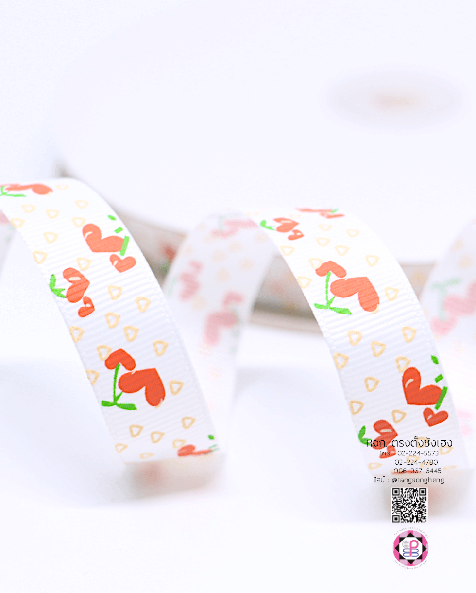 ริบบิ้นผ้ากรอสเกรน กว้าง 15 มิล ยาว 50 หลา ลายHeart Cherry สีส้ม