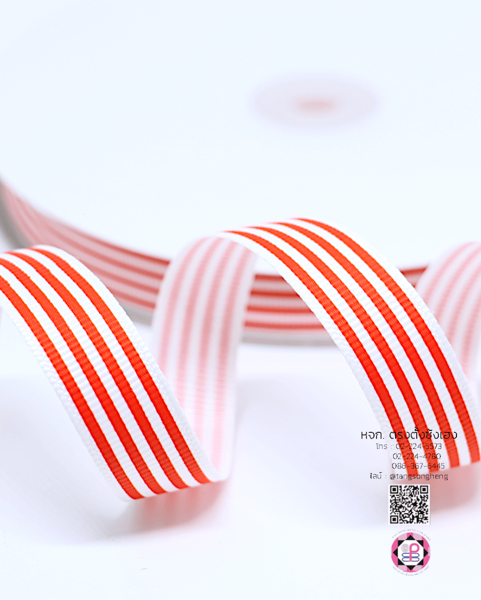 ริบบิ้นผ้ากรอสเกรน กว้าง 15 มิล ยาว 50 หลา ลายริ้ว สีแดง