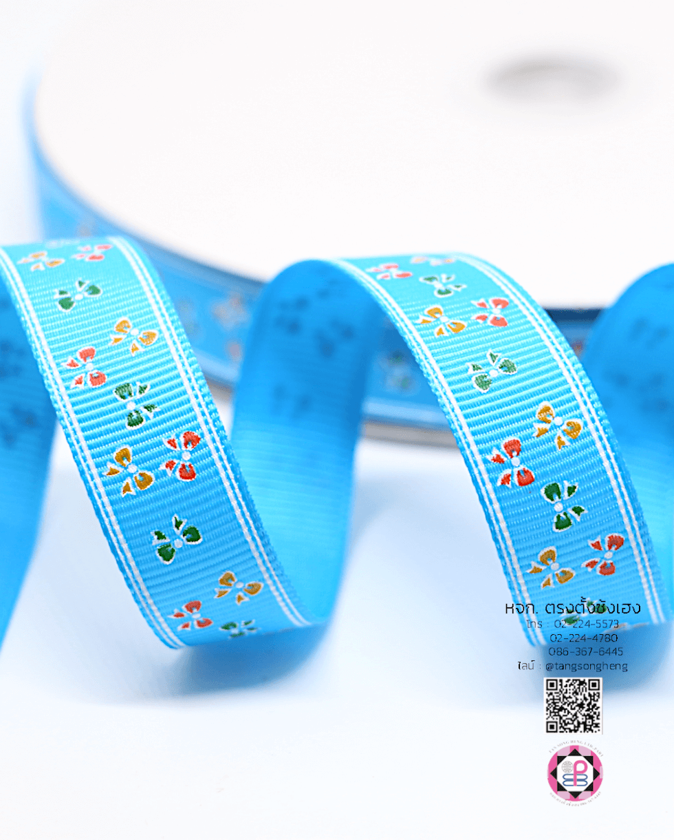 ริบบิ้นผ้ากรอสเกรน กว้าง 15 มิล ยาว 50 หลา ลายโบว์