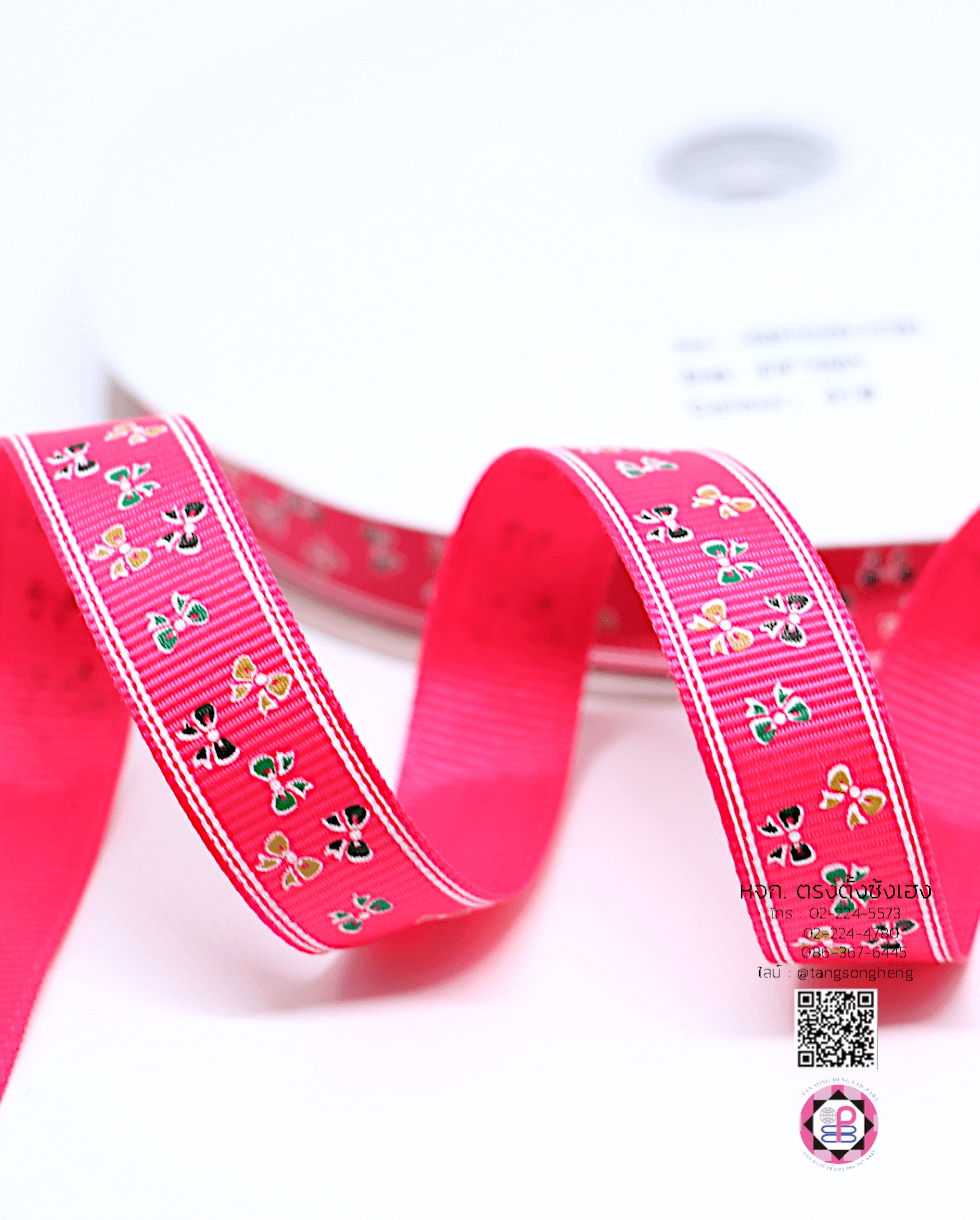 ริบบิ้นผ้ากรอสเกรน กว้าง 15 มิล ยาว 50 หลา ลายโบว์