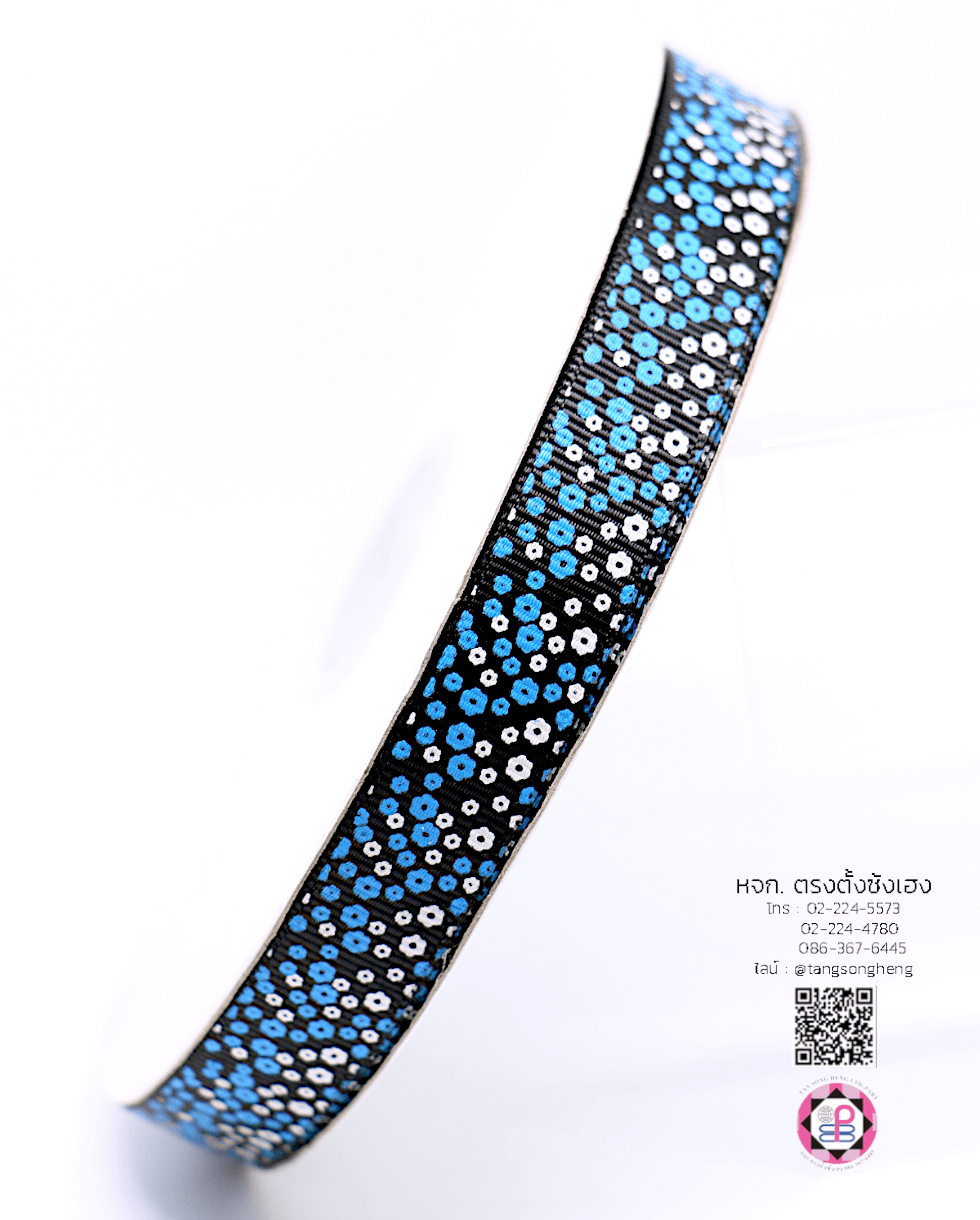 ริบบิ้นผ้ากรอสเกรน กว้าง 15 มิล ยาว 50 หลา ลายดอกรัก 3 สี สีกรมท่า