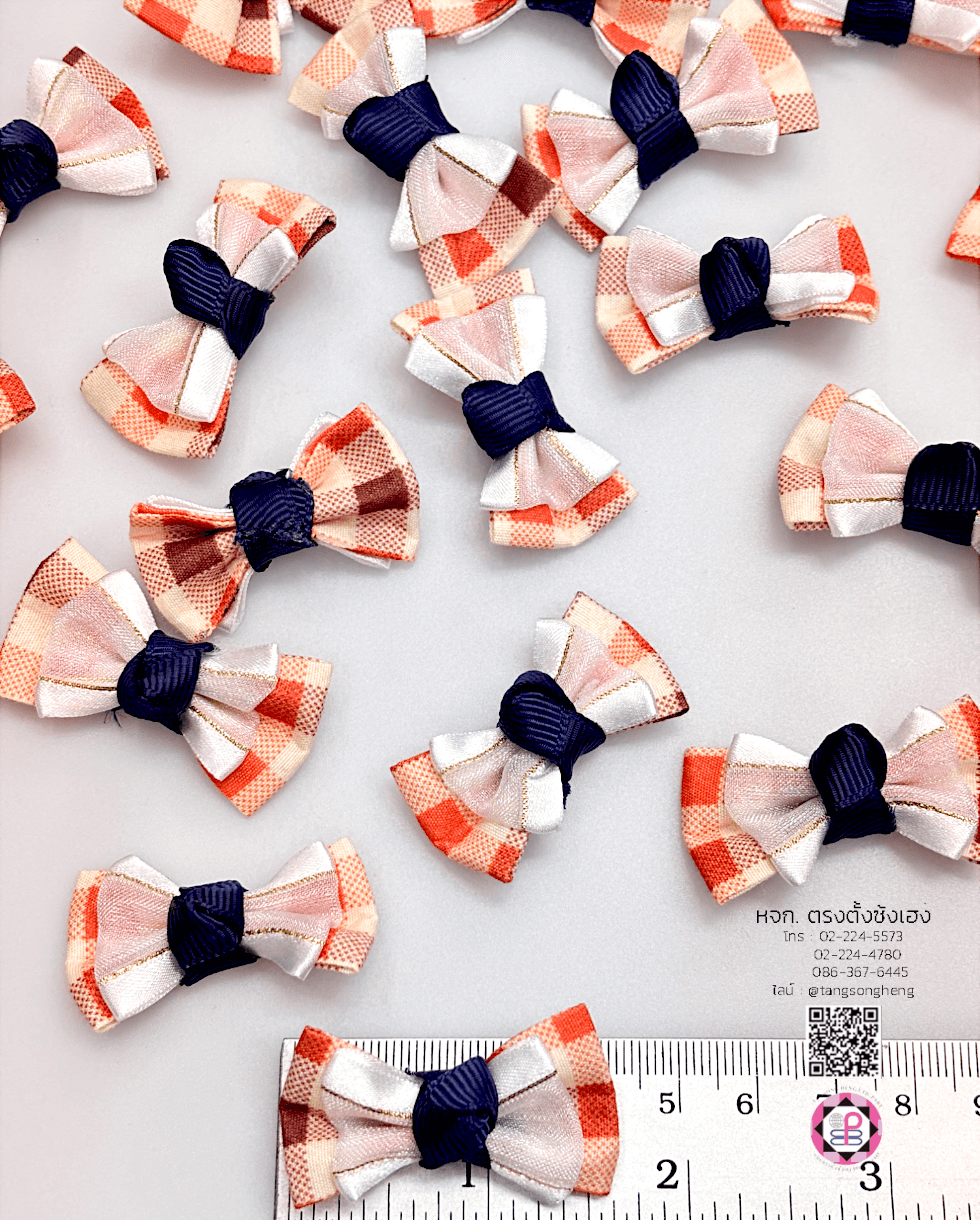 อะไหล่ผ้า โบว์ผ้าลายสก็อต สีส้ม