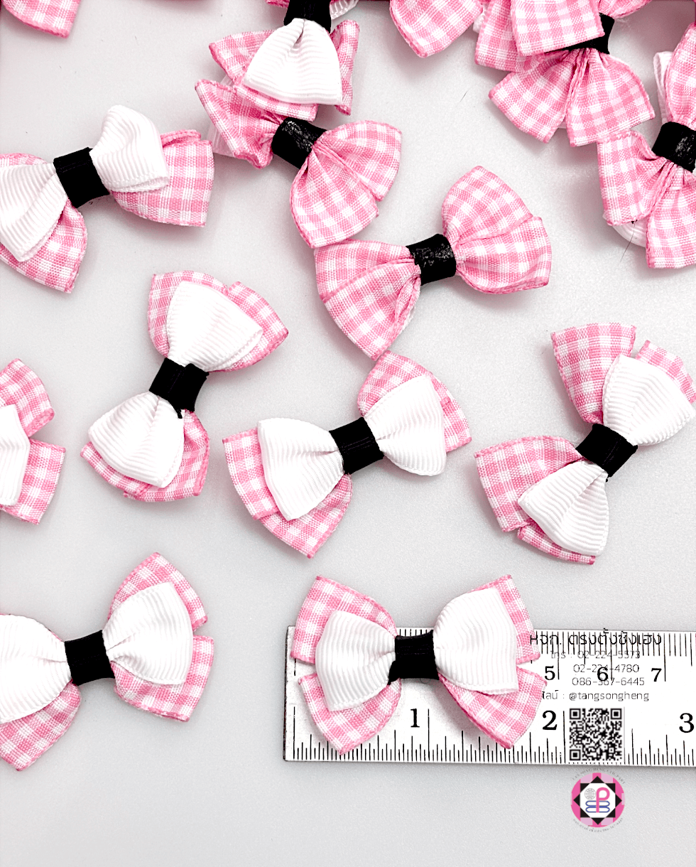 อะไหล่ผ้า โบว์ผ้าลายตารางหมากรุก สีชมพูอ่อน