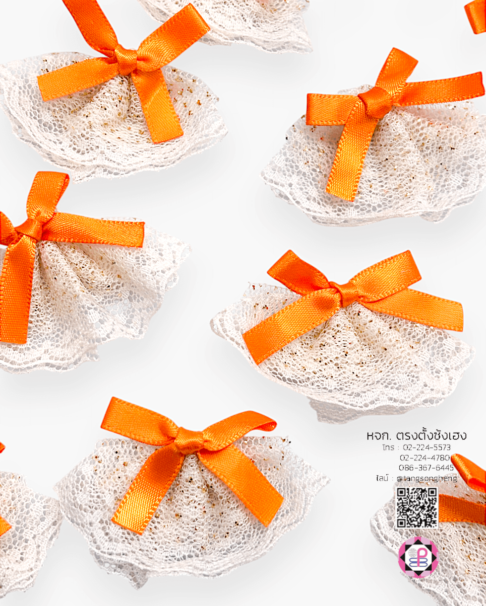อะไหล่ผ้าลูกไม้สีครีมติดโบว์ผ้าซาตินสีส้ม