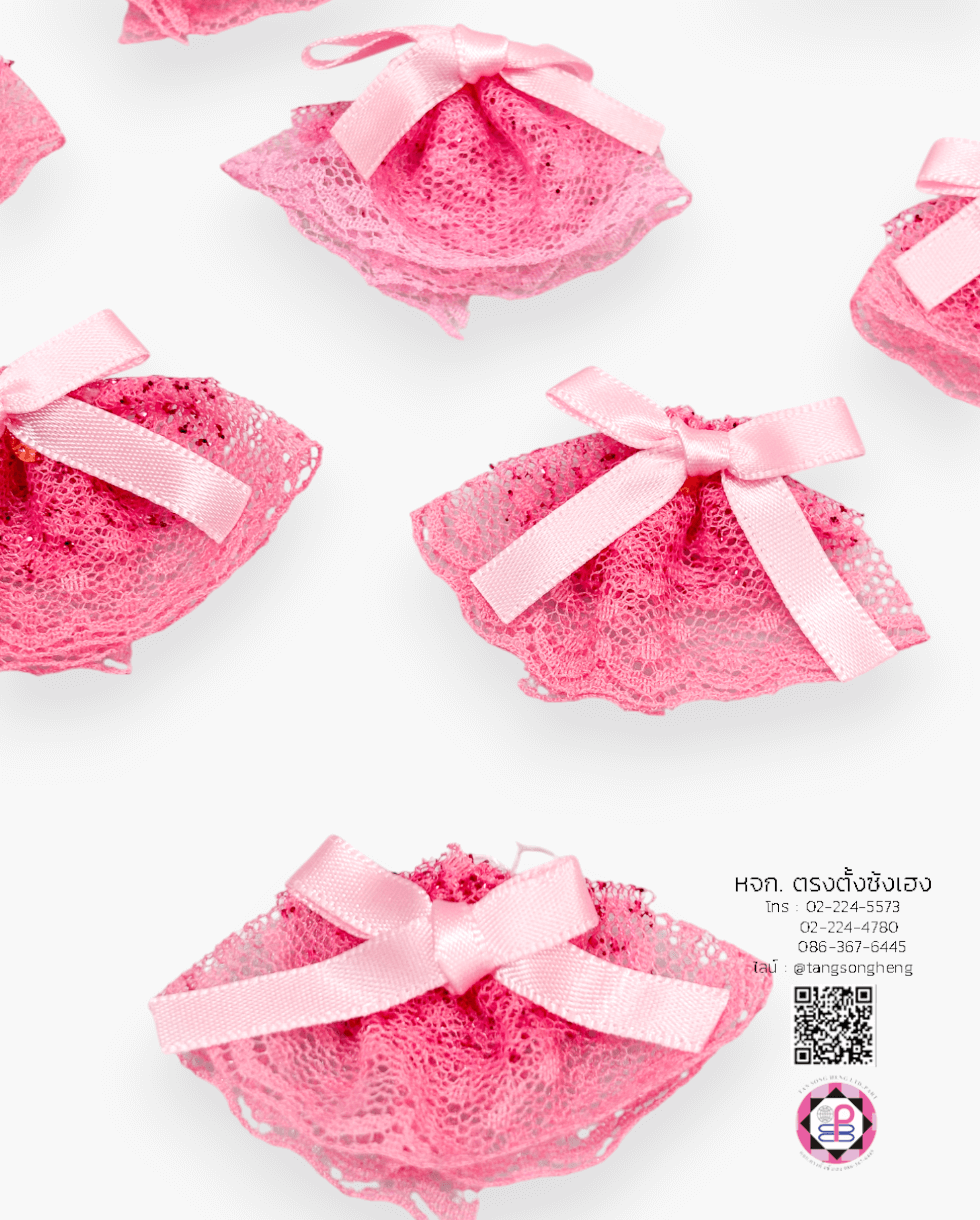 อะไหล่ผ้าลูกไม้สีชมเข้มติดโบว์ผ้าซาตินสีชมพูอ่อน