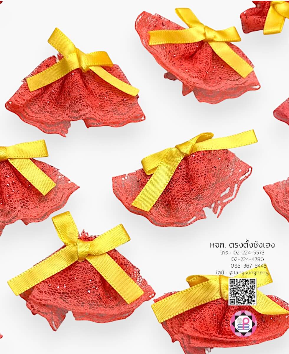 อะไหล่ผ้าลูกไม้สีแดงติดโบว์ผ้าซาตินสีเหลือง