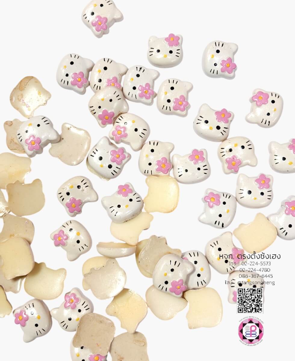 อะไหล่เรซิ่นมินิรูปหัวคิตตี้ติดดอกไม้สีชมพู พื้นขาว แพ็ค 100 ชิ้น