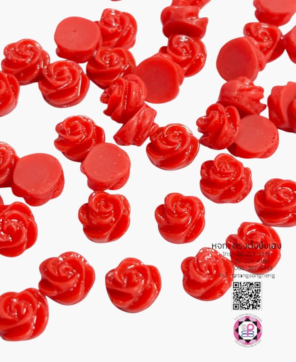 อะไหล่เรซิ่นจิ๋วรูปกุหลาบ สีแดง แพ็ค 50 ชิ้น