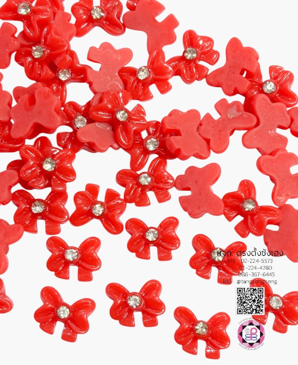 อะไหล่เรซิ่นจิ๋วรูปโบว์ติดเพชร สีแดง แพ็ค 50 ชิ้น