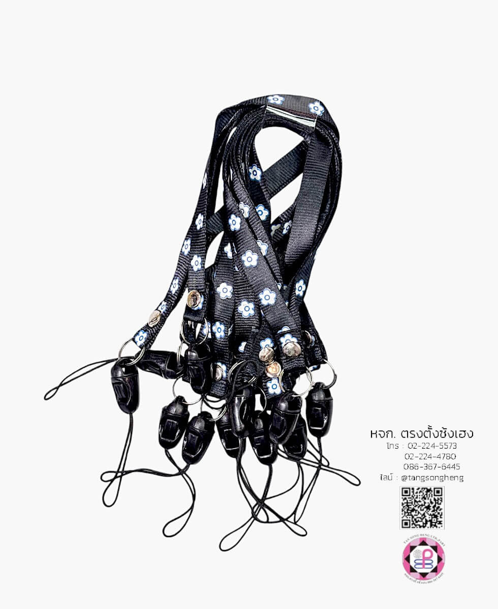 สายคล้องบัตร สายคล้องมือ แบบสั้น พิมพ์ลายดอกไม้ สีดำ แพ็ค 12 ชิ้น