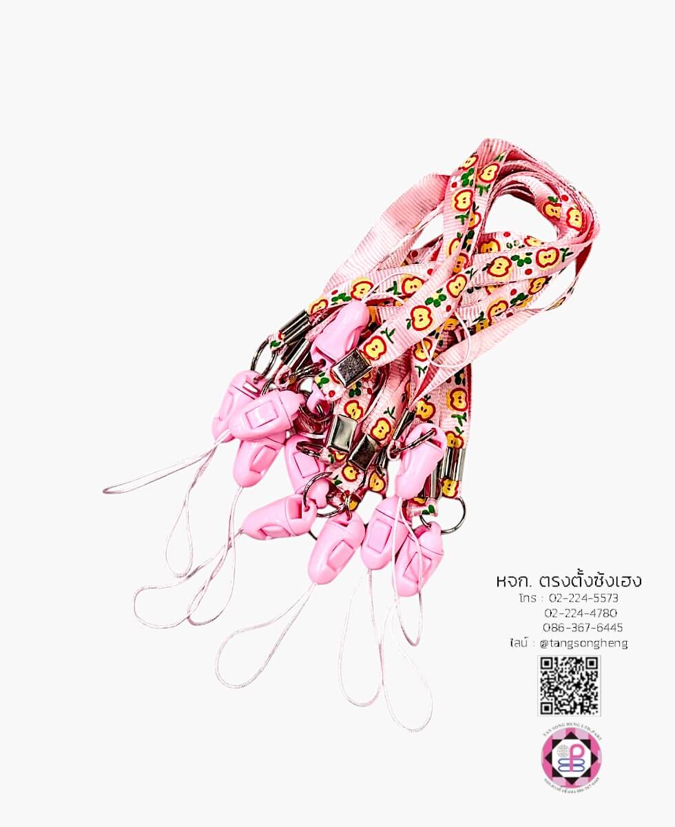สายคล้องบัตร สายคล้องมือ แบบสั้น พิมพ์ลายแอปเปิ้ล สีชมพู แพ็ค 12 ชิ้น