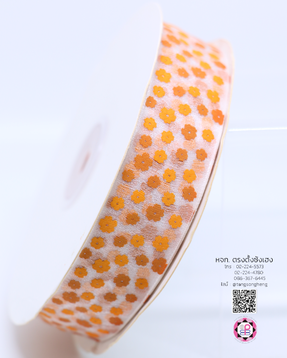 ริบบิ้นผ้าแก้ว กว้าง 1 นิ้ว ยาว 50 หลา พิมพ์ลายดอกไม้เล็ก สีส้ม