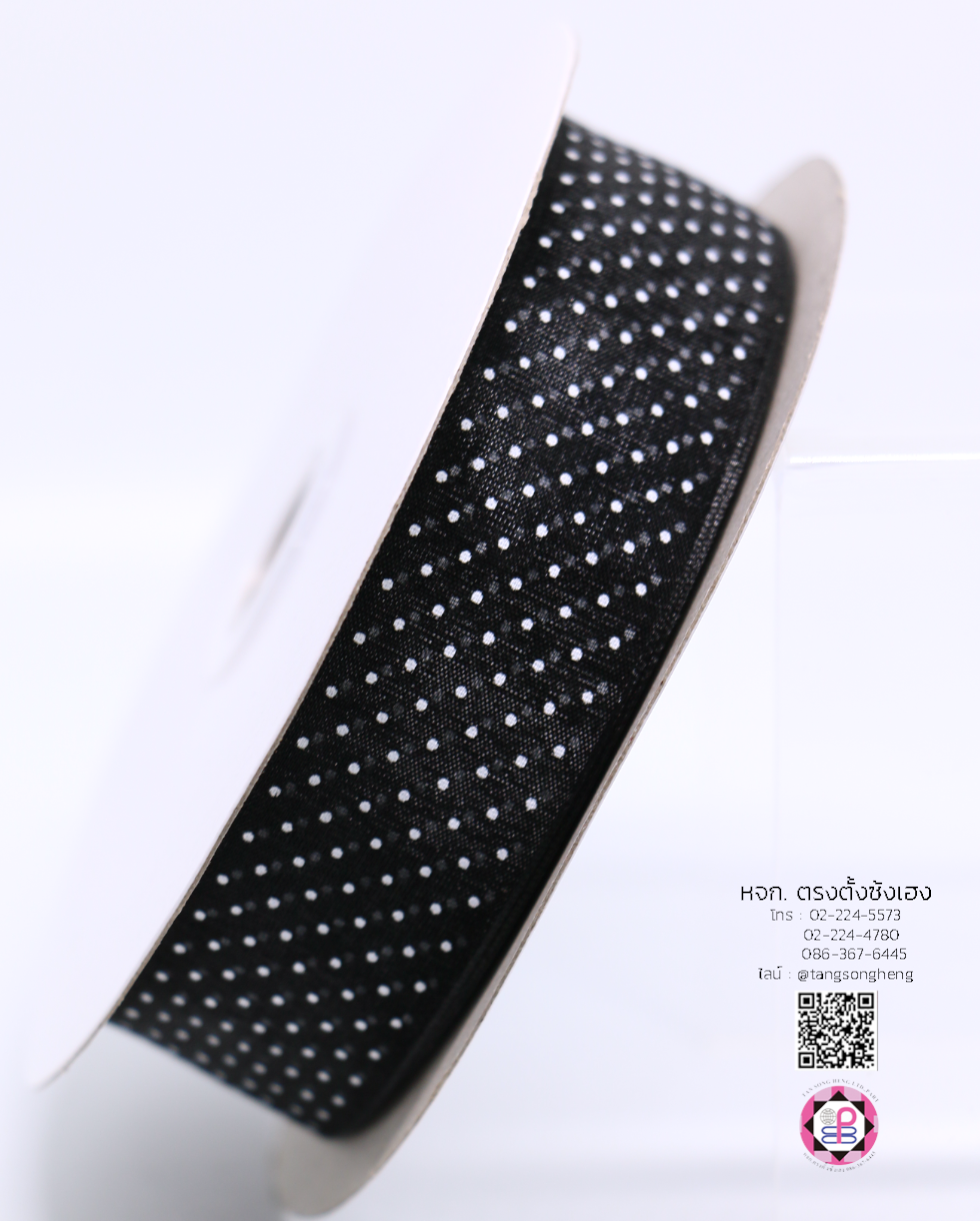 ริบบิ้นผ้าแก้ว กว้าง 1 นิ้ว ยาว 50 หลา พิมพ์ลายจุดเล็ก สีดำ 39#