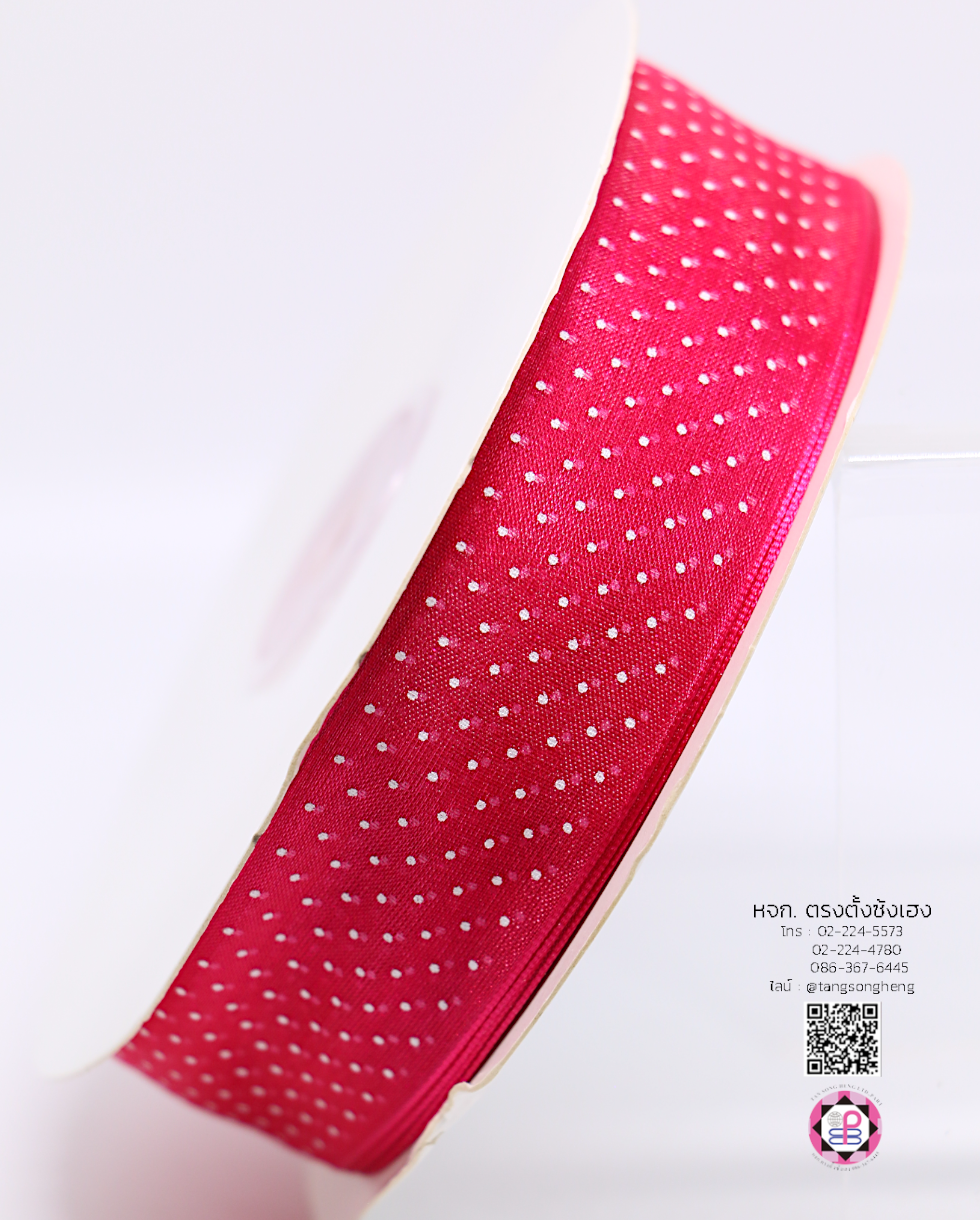 ริบบิ้นผ้าแก้ว กว้าง 1 นิ้ว ยาว 50 หลา พิมพ์ลายจุดเล็ก สีบานเย็น 28#