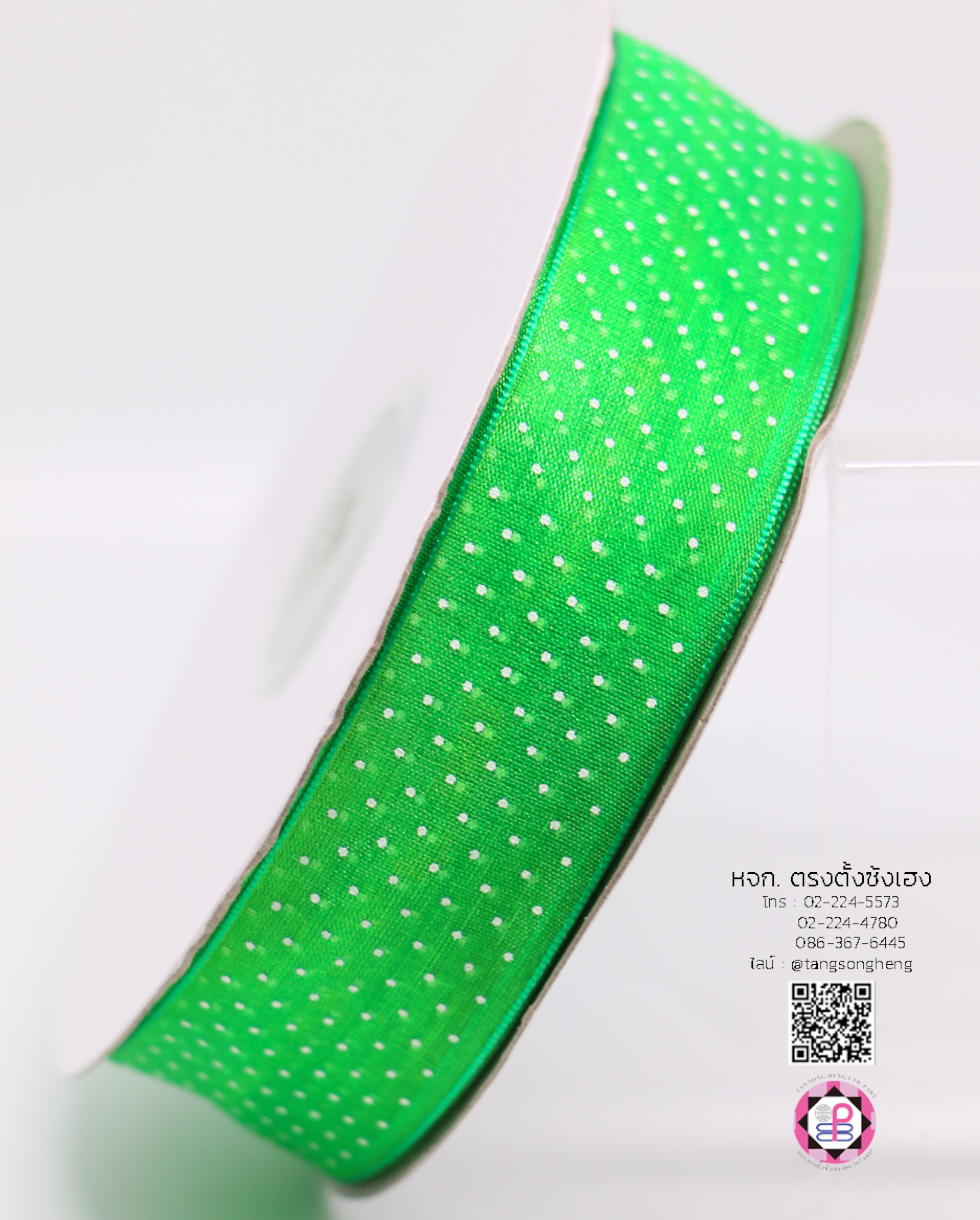 ริบบิ้นผ้าแก้ว กว้าง 1 นิ้ว ยาว 50 หลา พิมพ์ลายจุดเล็ก สีเขียวเข้ม 19#