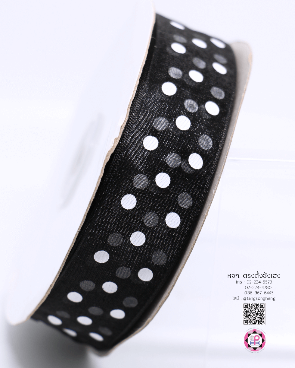 ริบบิ้นผ้าแก้ว กว้าง 1 นิ้ว ยาว 50 หลา พิมพ์ลายจุดใหญ่ สีดำ 39#