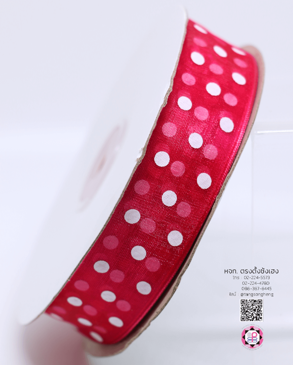 ริบบิ้นผ้าแก้ว กว้าง 1 นิ้ว ยาว 50 หลา พิมพ์ลายจุดใหญ่ สีบานเย็น 28#