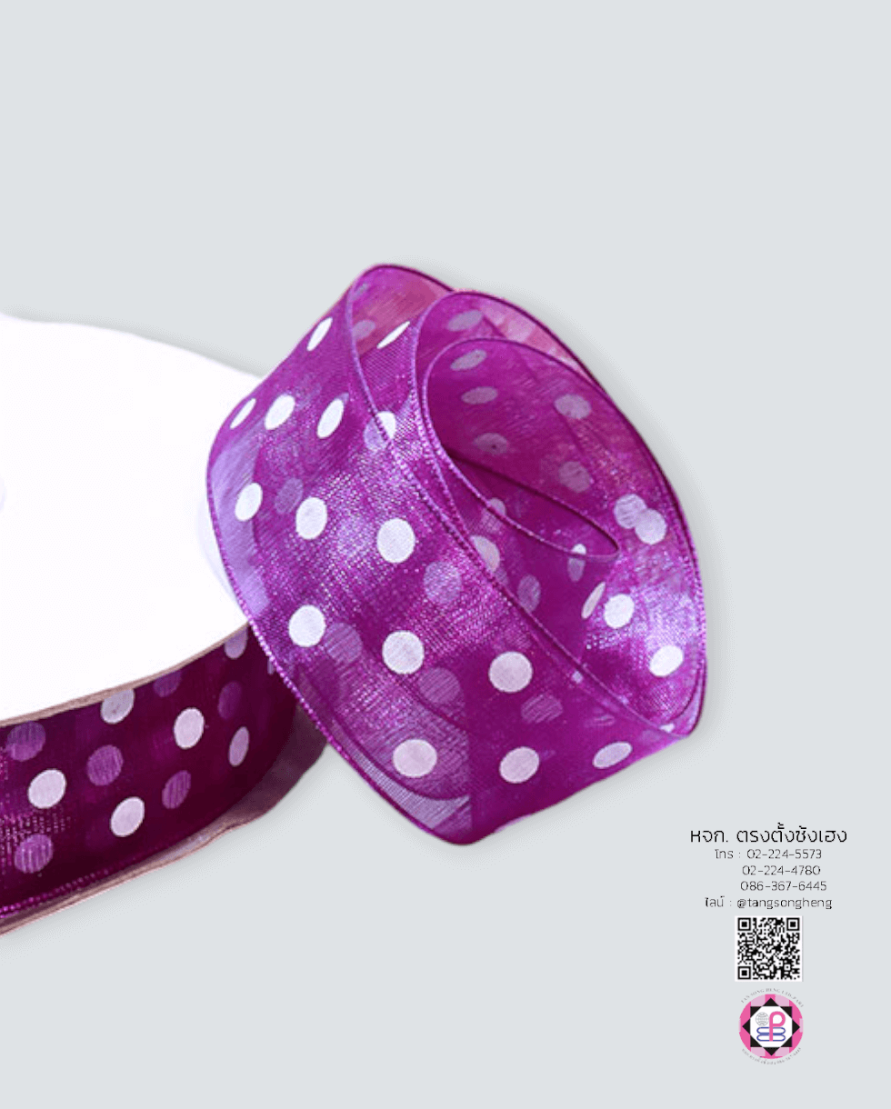 ริบบิ้นผ้าแก้ว กว้าง 1 นิ้ว ยาว 50 หลา พิมพ์ลายจุดใหญ่ สีม่วงเข้ม 35#