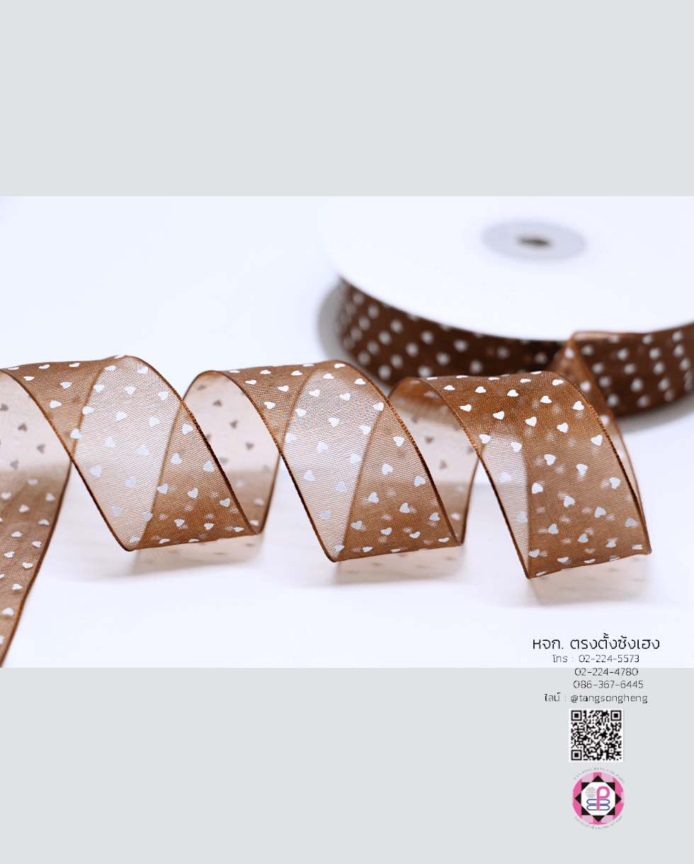 ริบบิ้นผ้าแก้ว กว้าง 1 นิ้ว ยาว 50 หลา พิมพ์ลายหัวใจจุดเล็ก สีน้ำเงินพิมพ์ขาว