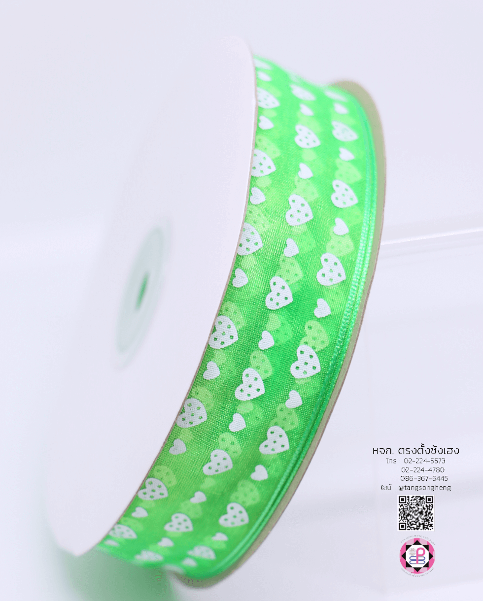 ริบบิ้นผ้าแก้ว กว้าง 1 นิ้ว ยาว 50 หลา พิมพ์ลายหัวใจ สีเขียวอ่อน 52#