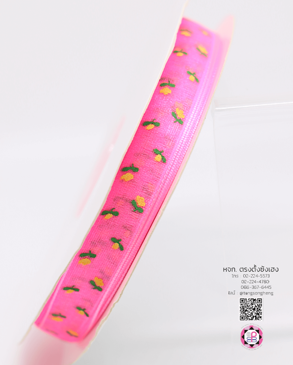 ริบบิ้นผ้าแก้ว กว้าง 13 มิล ยาว 50 หลา พิมพ์ลายทิวลิป สีชมพูกลาง 05#