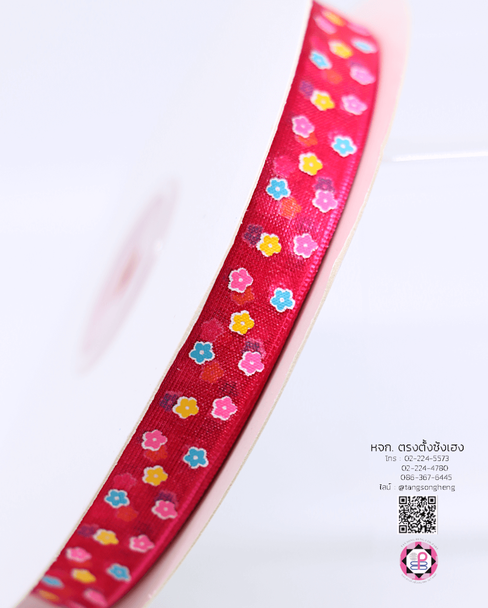 ริบบิ้นผ้าแก้ว กว้าง 13 มิล ยาว 50 หลา พิมพ์ลายดอกไม้ 3 สี สีบานเย็น 28#