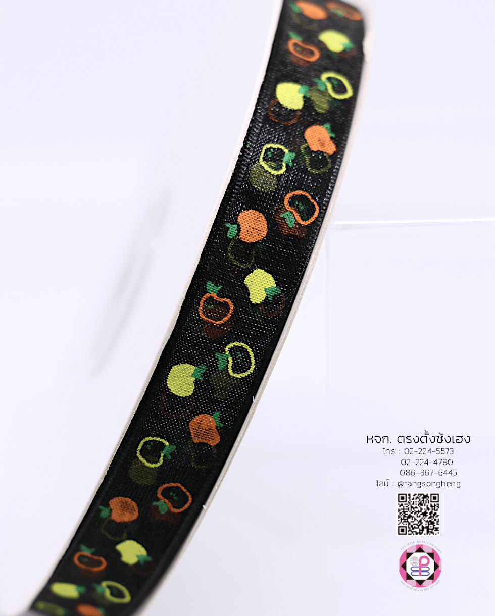 ริบบิ้นผ้าแก้ว กว้าง 13 มิล ยาว 50 หลา พิมพ์ลายแอปเปิ้ล 3 สี สีดำ 39#