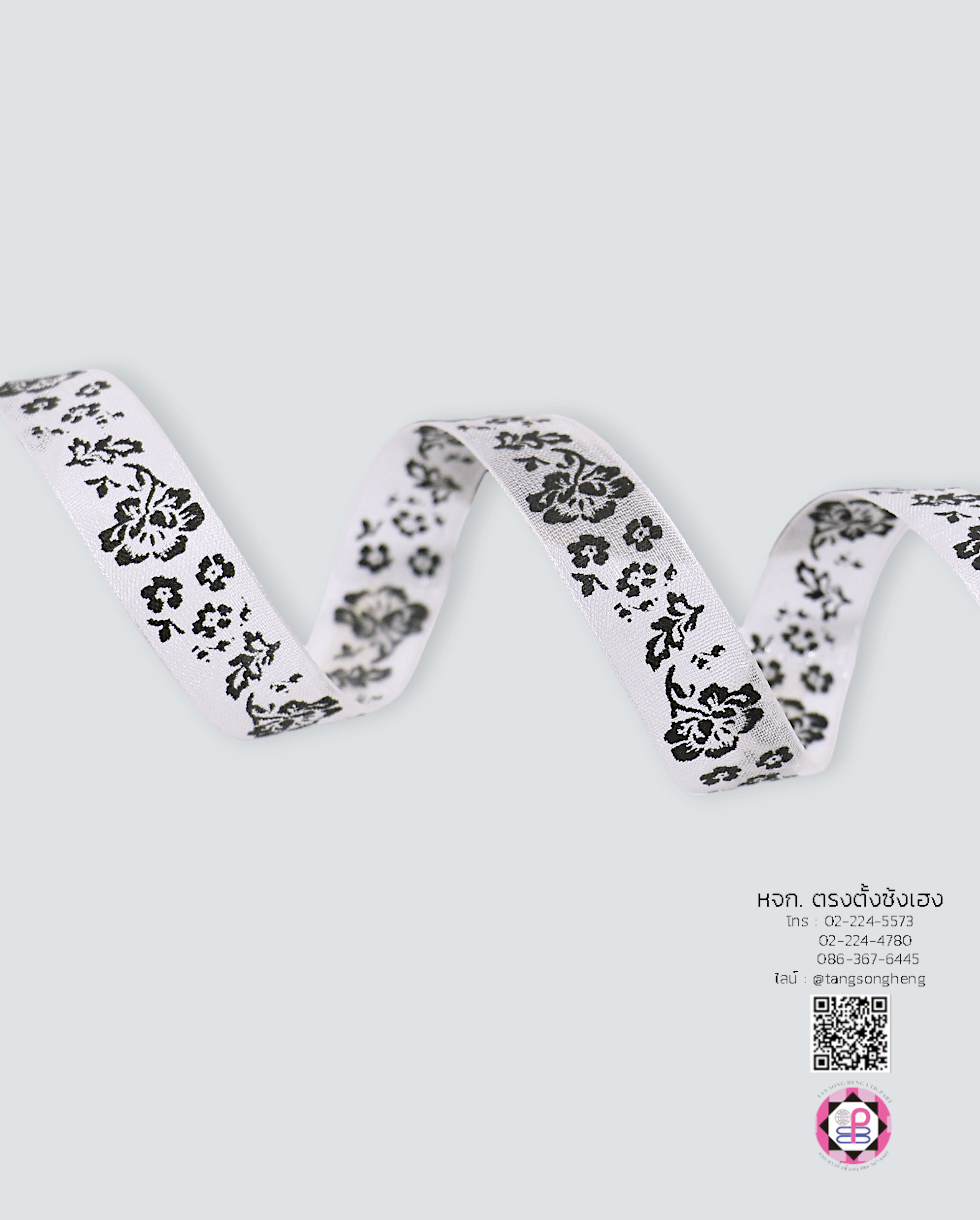 ริบบิ้นผ้าแก้ว กว้าง 13 มิล ยาว 50 หลา พิมพ์ลายดอกไม้ สีขาวพิมพ์ดำ