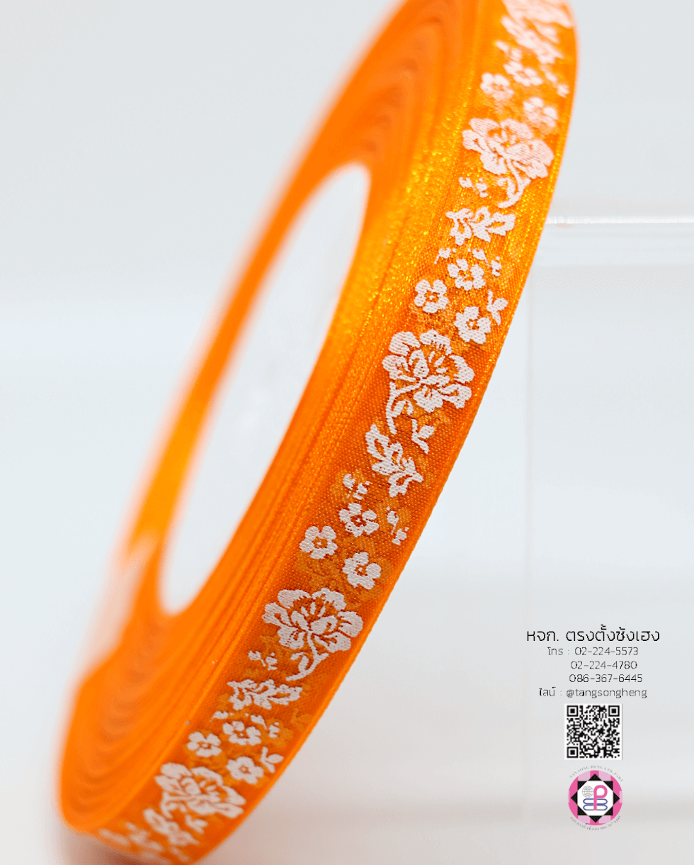 ริบบิ้นผ้าแก้ว กว้าง 13 มิล ยาว 50 หลา พิมพ์ลายดอกไม้ สีส้ม