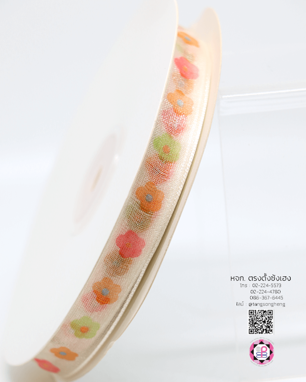 ริบบิ้นผ้าแก้ว กว้าง 13 มิล ยาว 50 หลา พิมพ์ลายดอกไม้ 3 สี สีขาว 47#